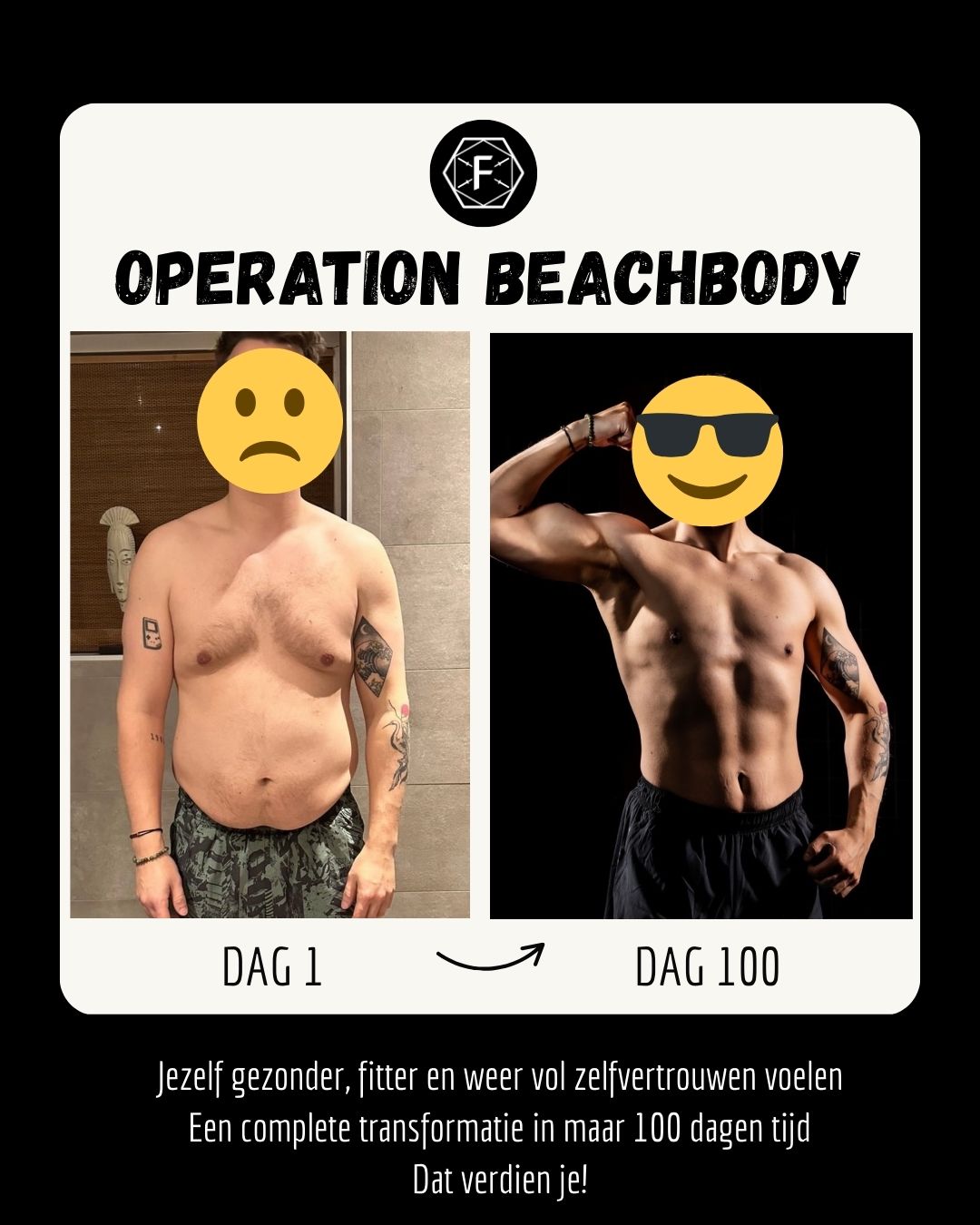 Operation Beachbody resultaat: dag 1 en dag 100 van deelnemer 2