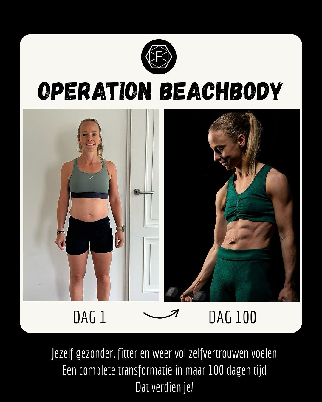 Operation Beachbody resultaat: dag 1 en dag 100 van deelnemer 3