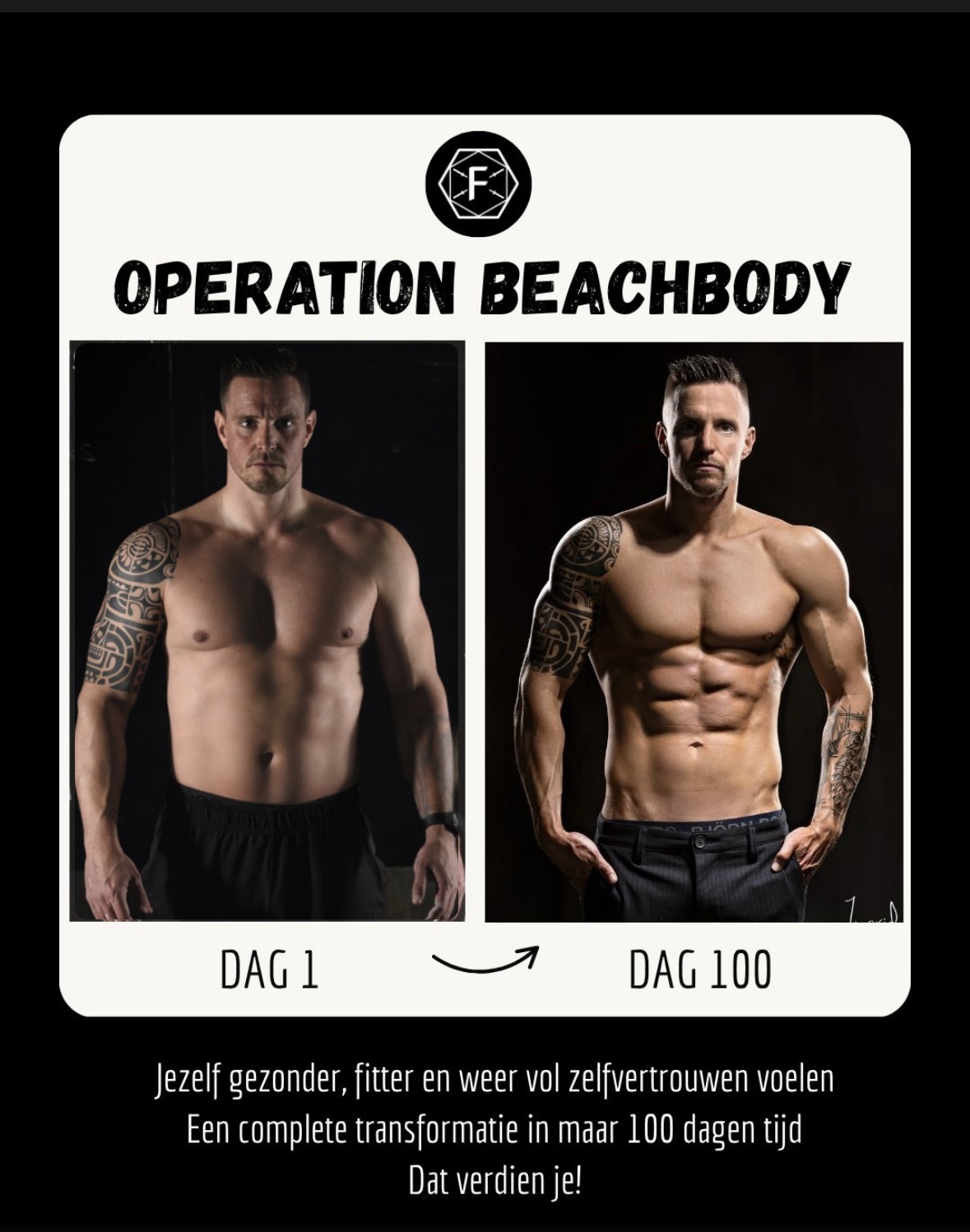 Operation Beachbody resultaat: dag 1 en dag 100 van deelnemer 4
