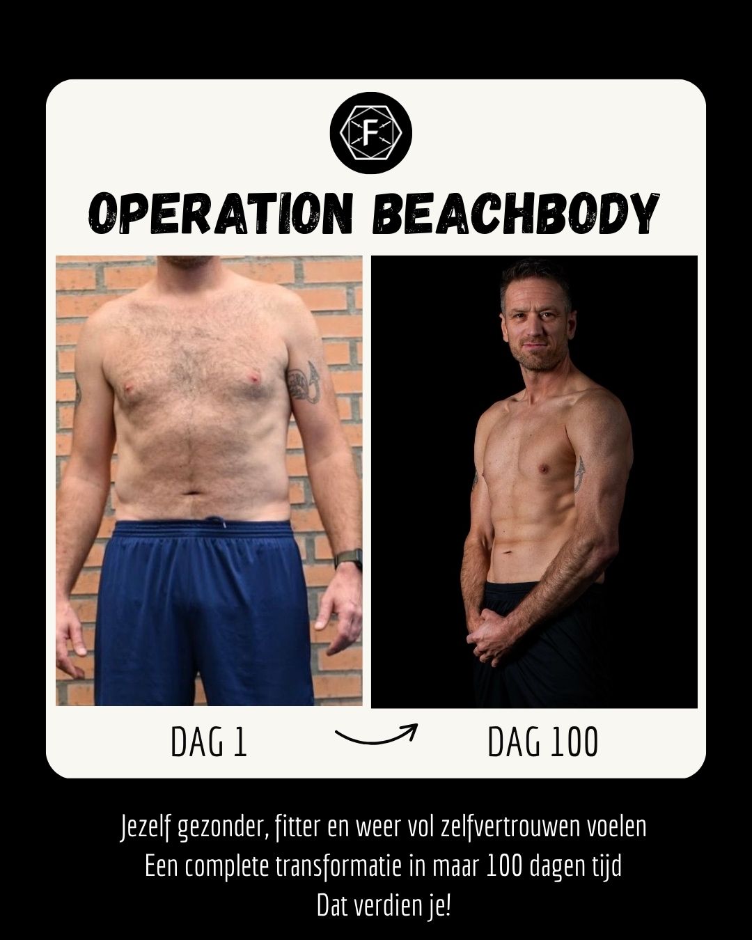 Operation Beachbody resultaat: dag 1 en dag 100 van deelnemer 8