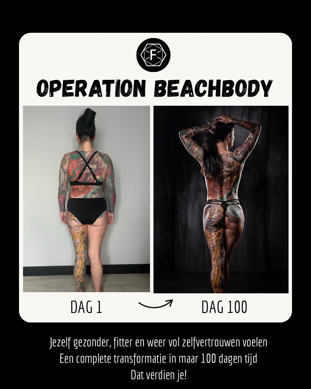 Operation Beachbody resultaat: dag 1 en dag 100 van deelnemer 9