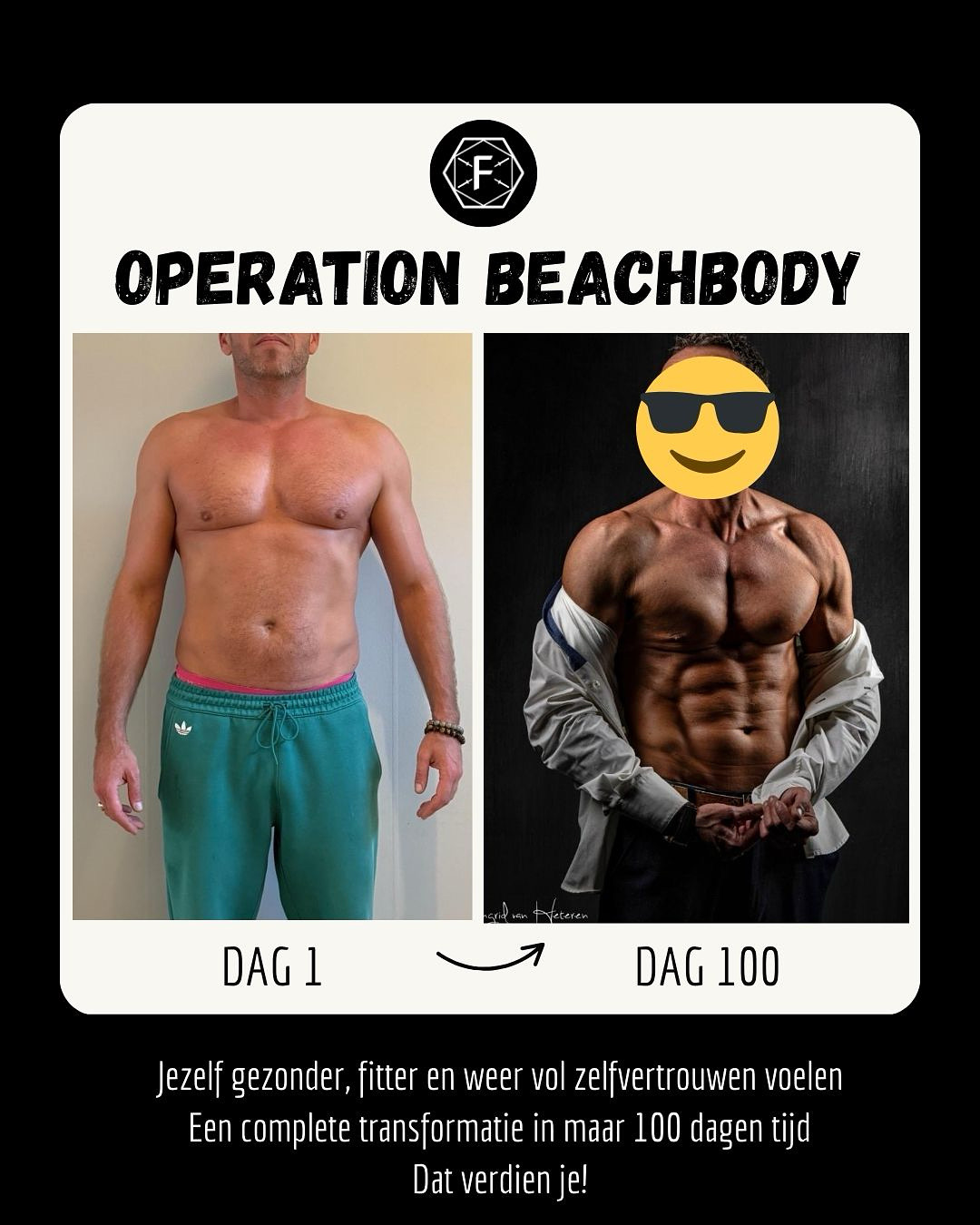 Operation Beachbody resultaat: dag 1 en dag 100 van deelnemer 10
