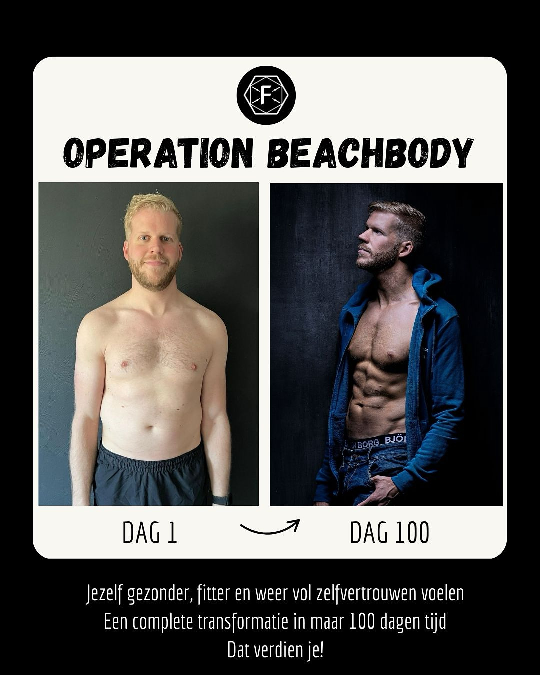 Dag 1 en dag 100 van een deelnemer aan Operation Beachbody: het eindresultaat na 100 dagen, vastgelegd in een fotoshoot